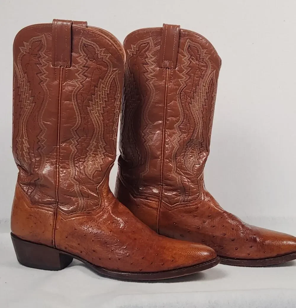 Vintage Western Dan Post Men’s Leather Boots W/Ostrich Quill Foot Sz 11D
